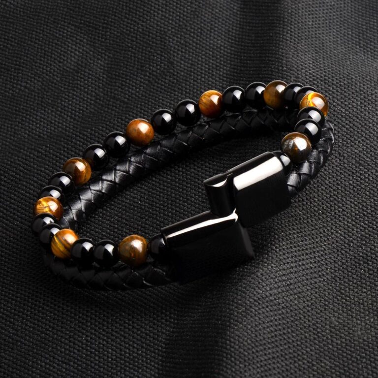 Bracelet Homme/femme En Cuir Et Perles Noires - Fermoir Magnétique - 19/21/23 Cm