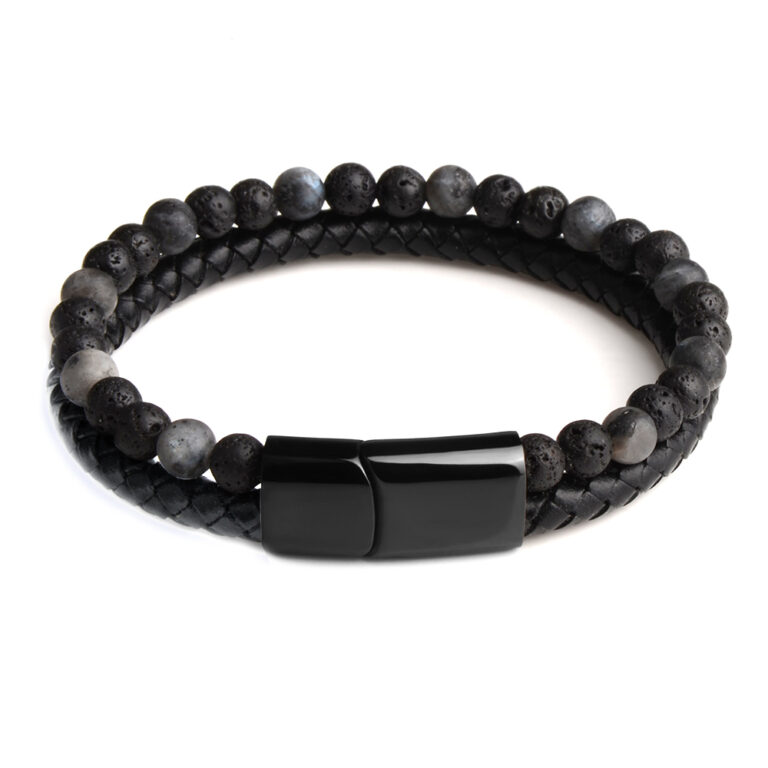 Bracelet Akio perles noires de culture d'eau douce et diamants noirs sur cuir tressé pour homme - Bi