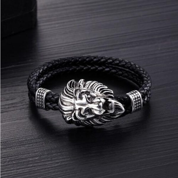 Bracelet tete de lion argent et noir