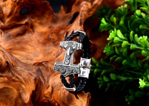 bracelet viking avec tresses en cuir marteau thor